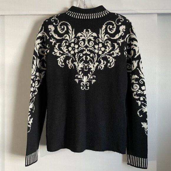 Icelandic Design Floral Cardigan Sweater Wool Full Zip Size S  Black Tan Nordic - Picture 6 of 16